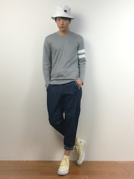 「gym master（ジムマスター）のアイテム（デニムパンツ）」を使った、中嶋時男さん（メンズ・183cm）の春コーディネート