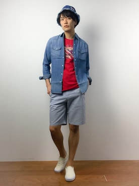「UP START（アップスタート）のアイテム（帽子）」を使った、中嶋時男さん（メンズ・183cm）の春コーディネート