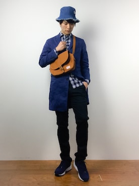 「UP START（アップスタート）のアイテム（帽子）」を使った、中嶋時男さん（メンズ・183cm）の春コーディネート