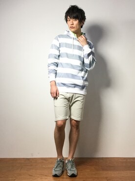 「HVC（エイチブイシー）のアイテム（パーカー）」を使った、中嶋時男さん（メンズ・183cm）の春コーディネート
