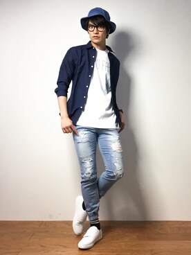 「アイテム（ハット、ブルー系）」を使った、中嶋時男さん（メンズ・183cm）の春コーディネート