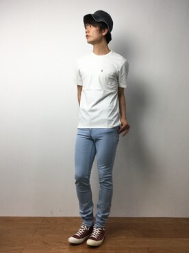 「HARE（ハレ）の【吸水速乾&通気性/WEB限定アイテム】COOLMAXデニムスキニー(HARE)（デニムパンツ）」を使った、中嶋時男さん（メンズ・183cm）の春コーディネート