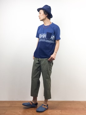 「JUNRED（ジュンレッド）のアイテム（サンダル）」を使った、中嶋時男さん（メンズ・183cm）の夏コーディネート