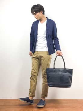 「HVC（エイチブイシー）のアイテム（シューズ）」を使った、中嶋時男さん（メンズ・183cm）の夏コーディネート