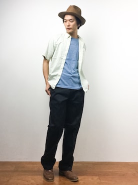 「UP START（アップスタート）のアイテム（帽子）」を使った、中嶋時男さん（メンズ・183cm）の夏コーディネート