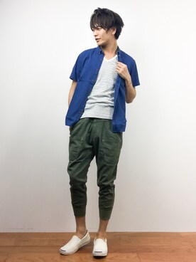 「mercibeaucoup,（メルシーボークー）のアイテム（パンツ）」を使った、中嶋時男さん（メンズ・183cm）の夏コーディネート