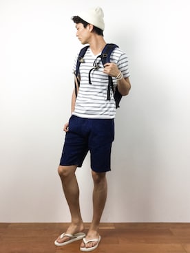 「knock through abstraction（ノックスルーアブストラクション）のアイテム（パンツ）」を使った、中嶋時男さん（メンズ・183cm）の夏コーディネート