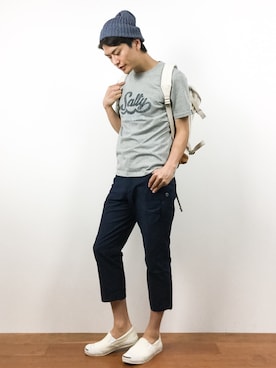 「HVC（エイチブイシー）のアイテム（パンツ）」を使った、中嶋時男さん（メンズ・183cm）の夏コーディネート