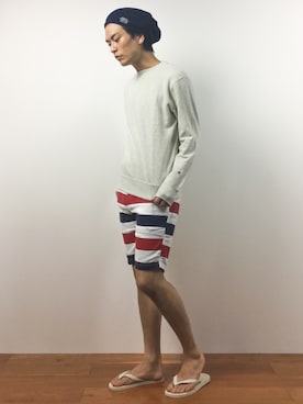 「HVC（エイチブイシー）のアイテム（パンツ）」を使った、中嶋時男さん（メンズ・183cm）の夏コーディネート