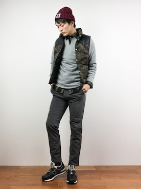 「ZIP FIVE（ジップファイブ）のアイテム（ダウンベスト）」を使った、中嶋時男さん（メンズ・183cm）の冬コーディネート