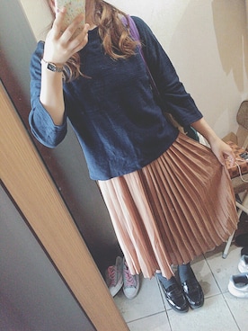 「niko and...（ニコアンド）のUSA COEビッグTシャツ【niko and...】（Tシャツ/カットソー、ブルー系）」を使った、ハセガワさん（レディース・158cm）の春コーディネート