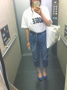 「yogee new wavesのアイテム（Tシャツ/カットソー、ホワイト系）」を使った、ハセガワさん（レディース・158cm）の夏コーディネート