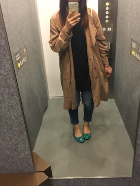 「no brand（ノーブランド）のアイテム（トレンチコート、ベージュ系）」を使った、ハセガワさん（レディース・158cm）の夏コーディネート