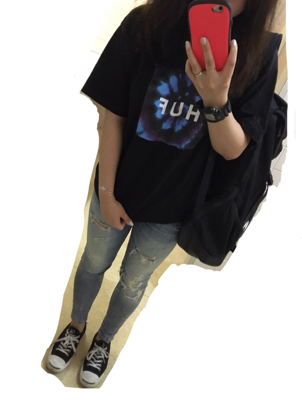 「HUF、American Eagle、G-SHOCK、NIXON、jack purcell、casual、street」｜「HUFのアイテム（Tシャツ/カットソー、ブラック系）」を使った、mttyさん（レディース・157cm）の夏コーディネートの1枚目の写真