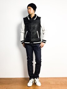 美品 ナノユニバース ゴートレザー スタジャン ドンキーカラー サーモライト 黒 NANO universe（ナノユニバース）の「レザードンキースタジャン