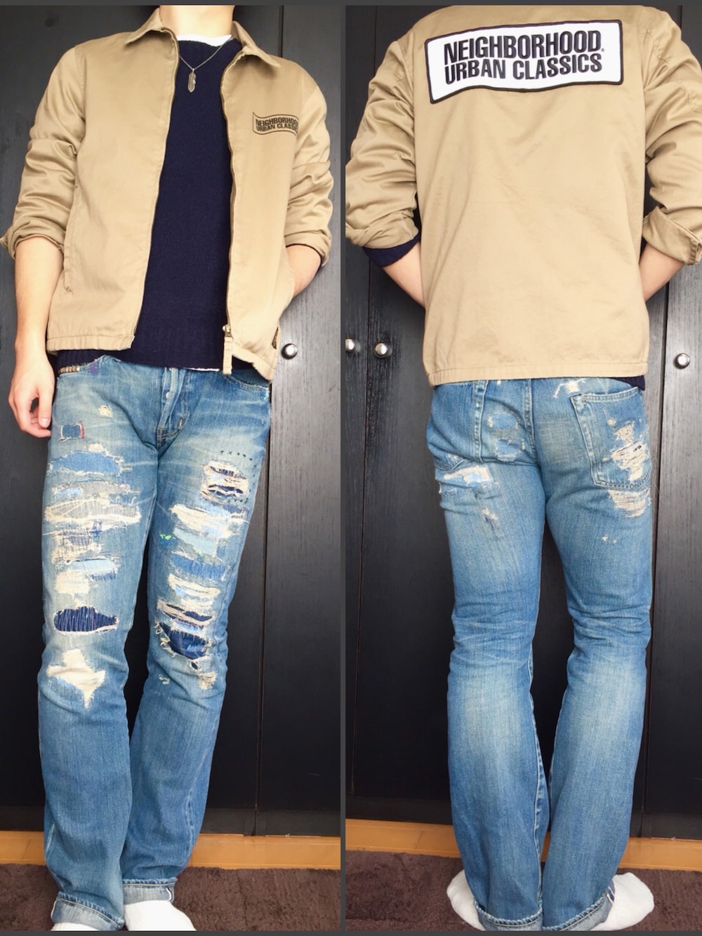 「カジュアルコーデ、春コーデ、春、ニット、デニム、ダメージデニムパンツ、デニムパンツ、ジーンズ、ネックレス」｜「NEIGHBORHOODのケンドールジャケット。作業着みたいですがそこがまたいい！笑（カバーオール、ベージュ系）」を使った、B.Rさん（メンズ・172cm）の春コーディネートの1枚目の写真