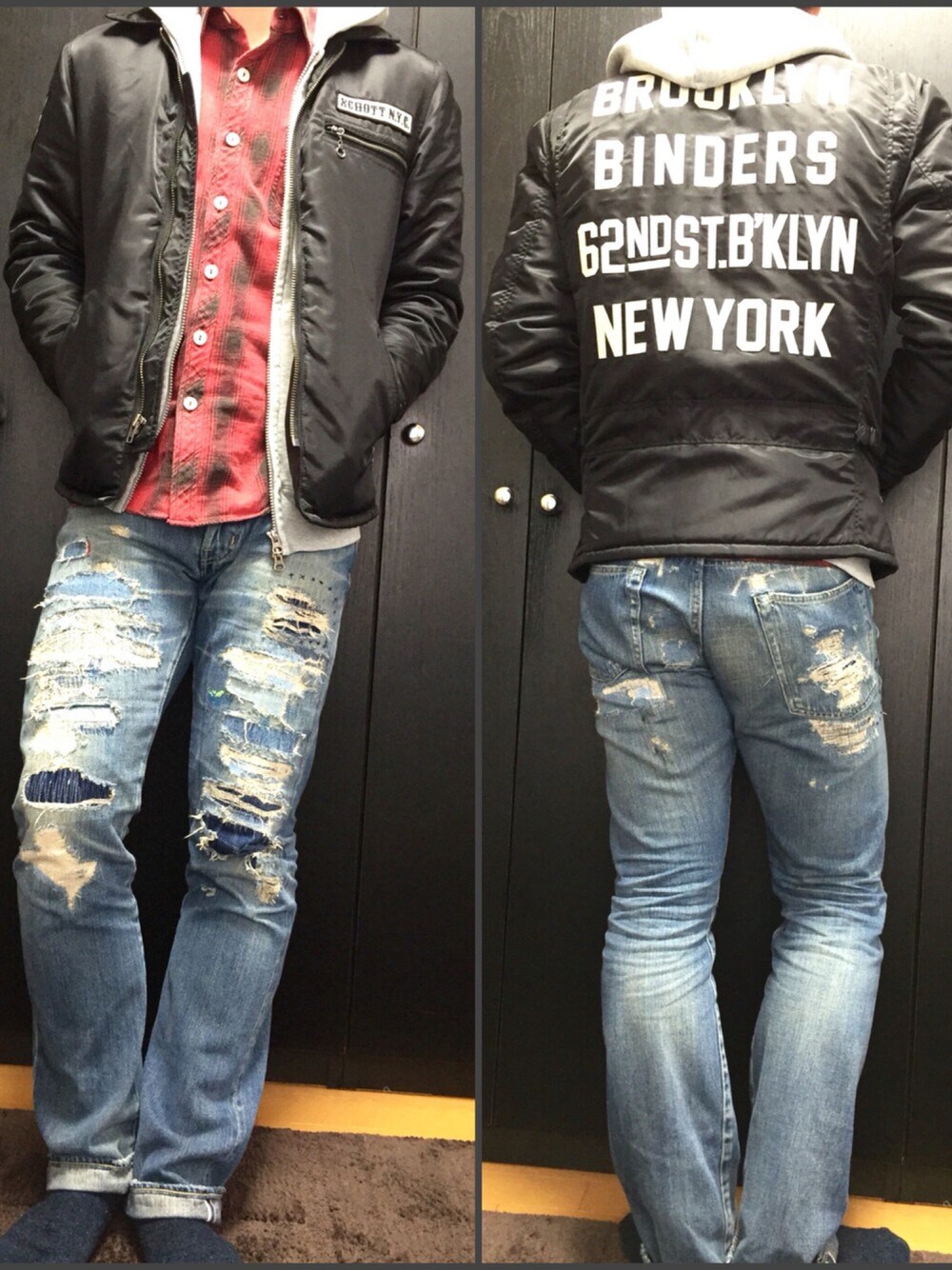「デニム、ダメージデニムパンツ、ダメージジーンズ、ジーンズ、チェックシャツ、パーカー、アメカジ」｜「schottのSchott/ショット/NYLON TRUCK JKT BINDERS/ナイロン トラック ジャケット バインダーズ（ブルゾン、ブラック系）」を使った、B.Rさん（メンズ・172cm）の春コーディネートの1枚目の写真