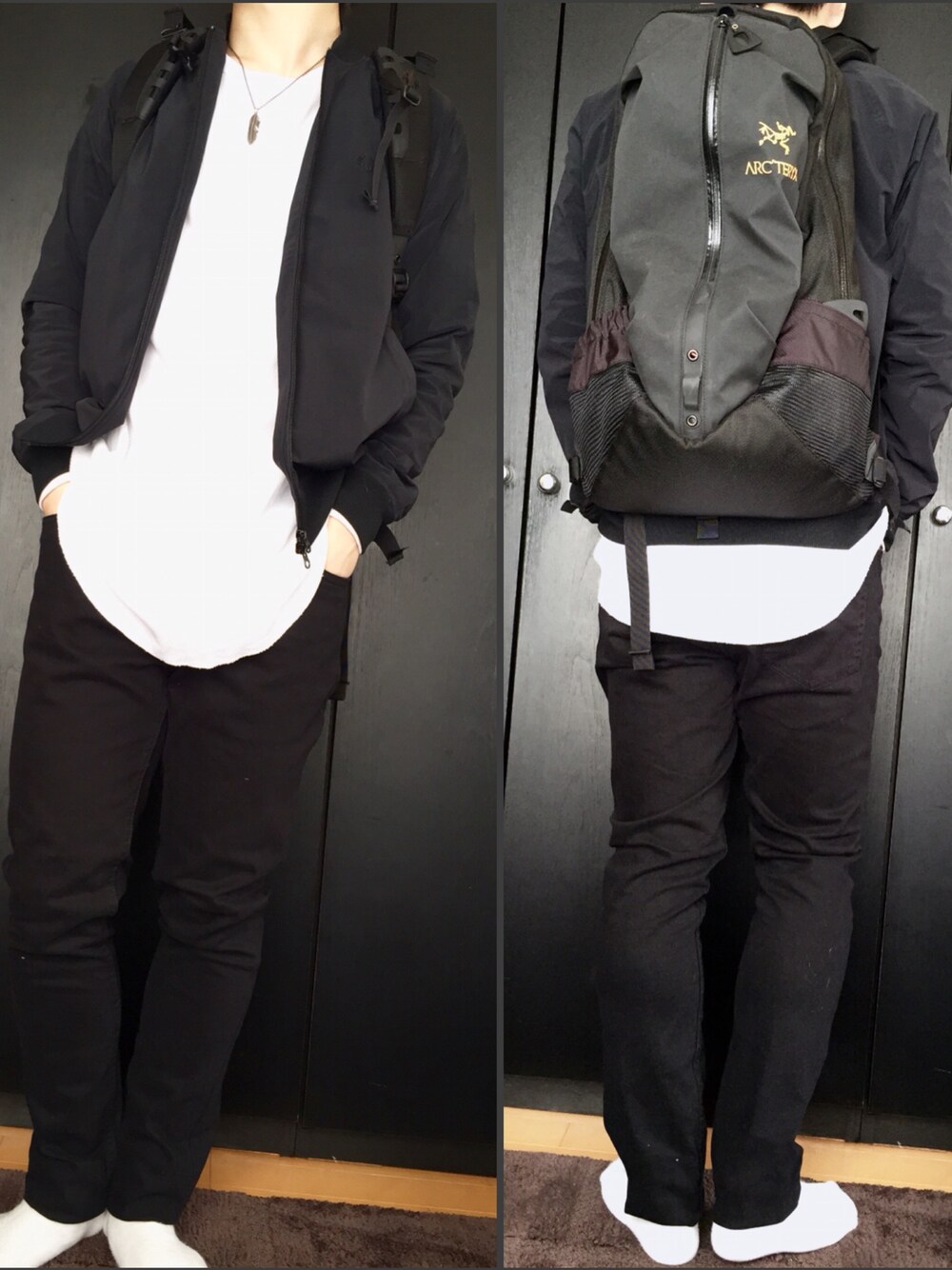 「春コーデ、春、モノトーン、モノトーンコーデ、ロング丈、ロングTシャツ、スキニーデニム、スキニー、黒スキニー」｜「FRED PERRYのFRED PERRY × AMERICAN RAG CIE 別注トラックジャケット（ジャージ、ブラック系）」を使った、B.Rさん（メンズ・172cm）の春コーディネートの1枚目の写真