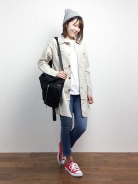 「白」｜「アイテム（カバーオール）」を使った、まるさん（レディース・161cm）の春コーディネート