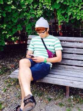 「grn（ジーアールエヌ）のアイテム（帽子）」を使った、まっくろくろすけさん（メンズ・175cm）の春コーディネート