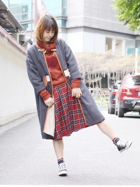 「TYAKASHAのアイテム（ノーカラージャケット）」を使った、牛奶糖さん（レディース・158cm）の冬コーディネート