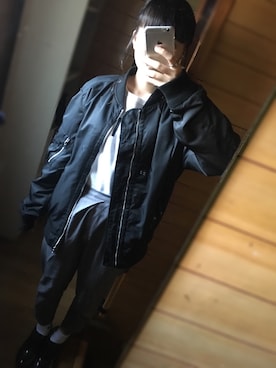 「WEGO（ウィゴー）のWEGO/オーバーMA-1（ミリタリージャケット、ブラック系）」を使った、ゆちさん（レディース・158cm）の冬コーディネート