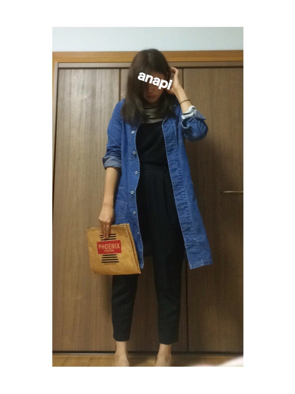 「オーバーオール、ボーダー、クラッチバッグ、moussy」｜「MOUSSYのDenim teacher JK（その他アウター、ブルー系）」を使った、anapiさん（レディース・170cm）の春コーディネートの1枚目の写真