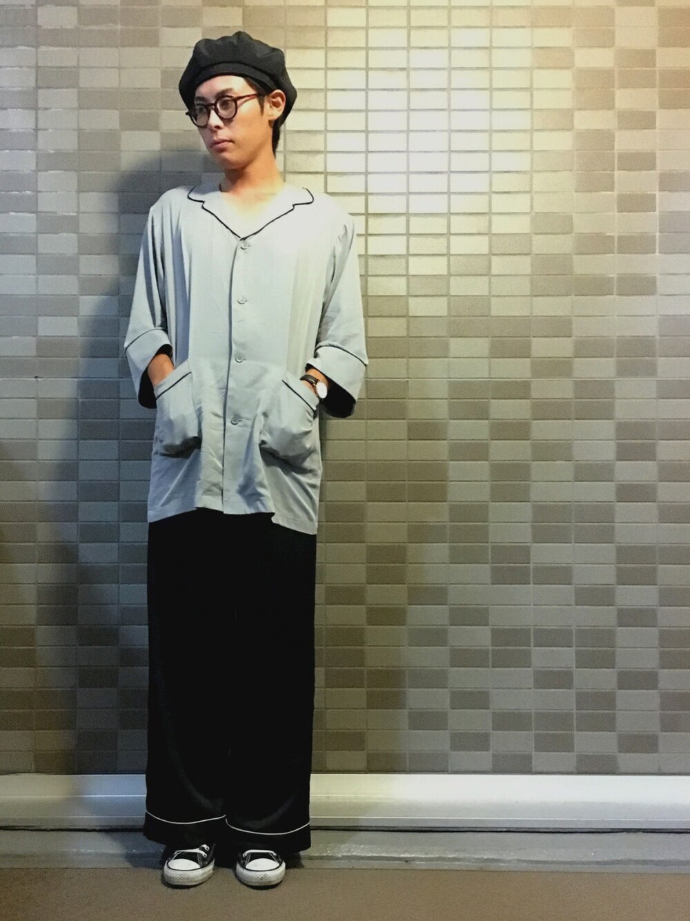 「ゆるコーデ、パジャマ、レトロ、ベレー帽、サンダル、HARE、HARELADIES、Daniel Wellington、teva、WEARが選んだ30コーデ」｜「HAREのTRベレー(HARE)（ハンチング/ベレー帽、ブラック系）」を使った、🐯としくん🐯さん（メンズ・171cm）の夏コーディネートの1枚目の写真