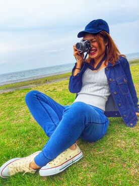 「スウエットパンツ」｜「アイテム（デニムジャケット）」を使った、mymさん（レディース・161cm）の春コーディネート