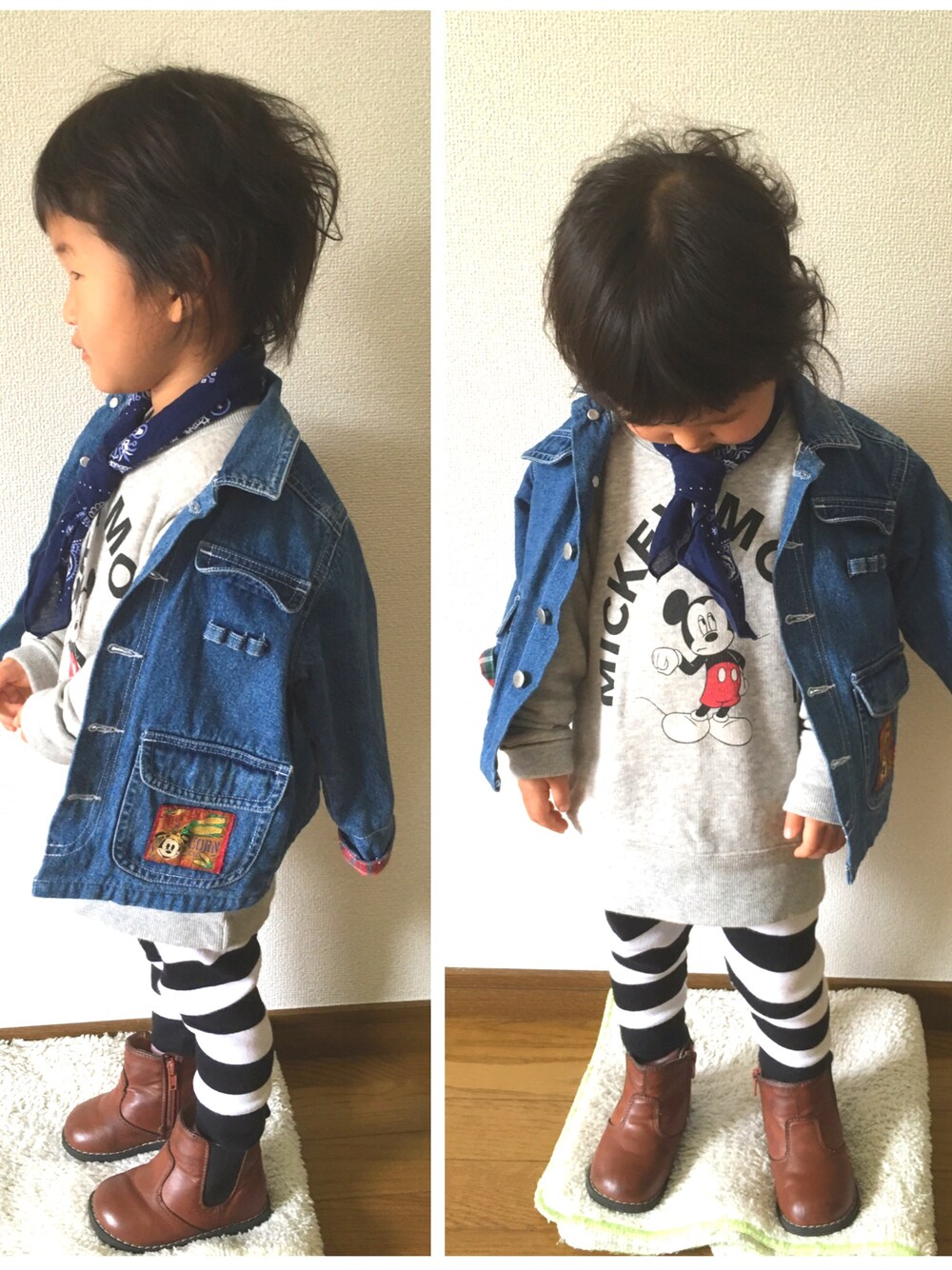 「kids、キッズコーデ、キッズファッション、デニム、ミッキー、おんなのこ、2歳、2歳半」｜「古着のアイテム（デニムジャケット、ブルー系）」を使った、やぶここさん（キッズ・90cm）の春コーディネートの1枚目の写真