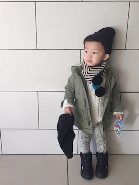 「GAP（ギャップ）のアイテム（モッズコート）」を使った、h39さん（キッズ・90cm）の冬コーディネート