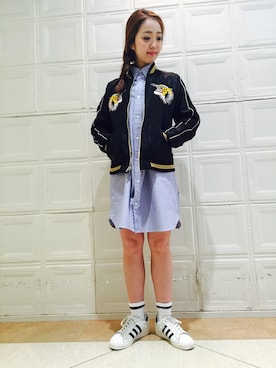 「シャツワンピース」｜「アイテム（ジャケット/アウター）」を使った、sawaaaさん（レディース・157cm）の春コーディネート