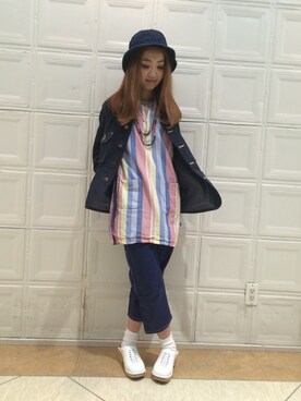 「アイテム（チノパンツ、ブルー系）」を使った、sawaaaさん（レディース・157cm）の春コーディネート