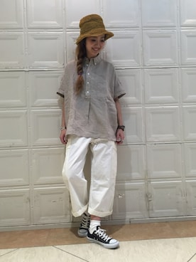 「アイテム（カーゴパンツ、ホワイト系）」を使った、sawaaaさん（レディース・157cm）の春コーディネート