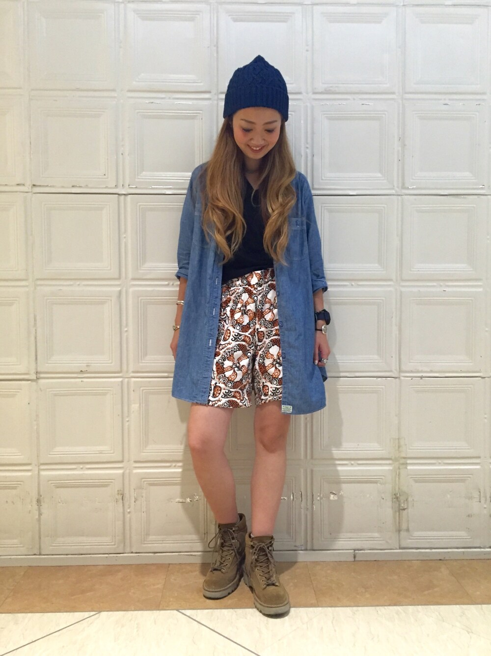 「BEAMS、BEAMS BOY、beamsboy、夏コーデ、orslow、Hanes、Danner」｜「BEAMS PLUSのBEAMS PLUS / インディゴ ワッチキャップ（ニットキャップ/ビーニー、ブルー系）」を使った、sawaaaさん（レディース・157cm）の夏コーディネートの1枚目の写真