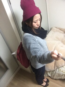 「ROXY（ロキシー）のアイテム（ニットキャップ/ビーニー）」を使った、Mさん（レディース・155cm）の冬コーディネート