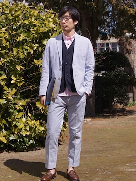 「uniform experiment（ユニフォームエクスペリメント）のアイテム（テーラードジャケット）」を使った、UNDERPASSさん（メンズ・170cm）の春コーディネート