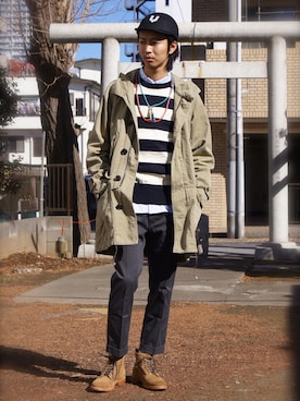 「アイテム（ミリタリージャケット）」を使った、UNDERPASSさん（メンズ・172cm）の冬コーディネート