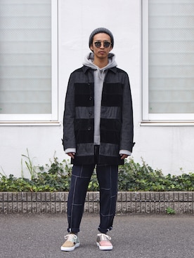 「COMME des GARCONS HOMME（コム デ ギャルソン・オム）のアイテム（ステンカラーコート）」を使った、UNDERPASSさん（メンズ・172cm）の秋コーディネート