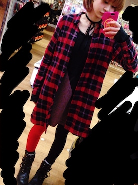 「アイテム（シャツワンピース、レッド系）」を使った、アミコ↯さん（レディース・158cm）の冬コーディネート