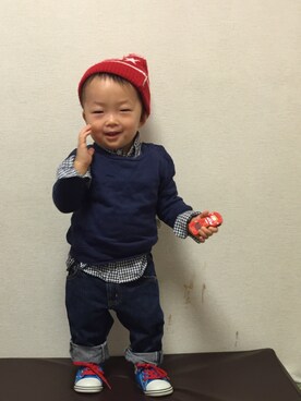 「アイテム（スウェット、ブルー系）」を使った、SAQOOさん（キッズ・70cm）の冬コーディネート