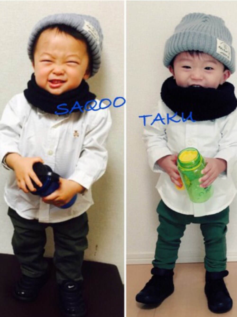 「リンクコーデ、子供カッコイイ、大人ヤンチャ部、おとこのこ、ニット帽、スヌード、白シャツ、1歳」｜「たくちゃんとリンク❤️のアイテム（その他、その他）」を使った、SAQOOさん（キッズ・70cm）の冬コーディネートの1枚目の写真