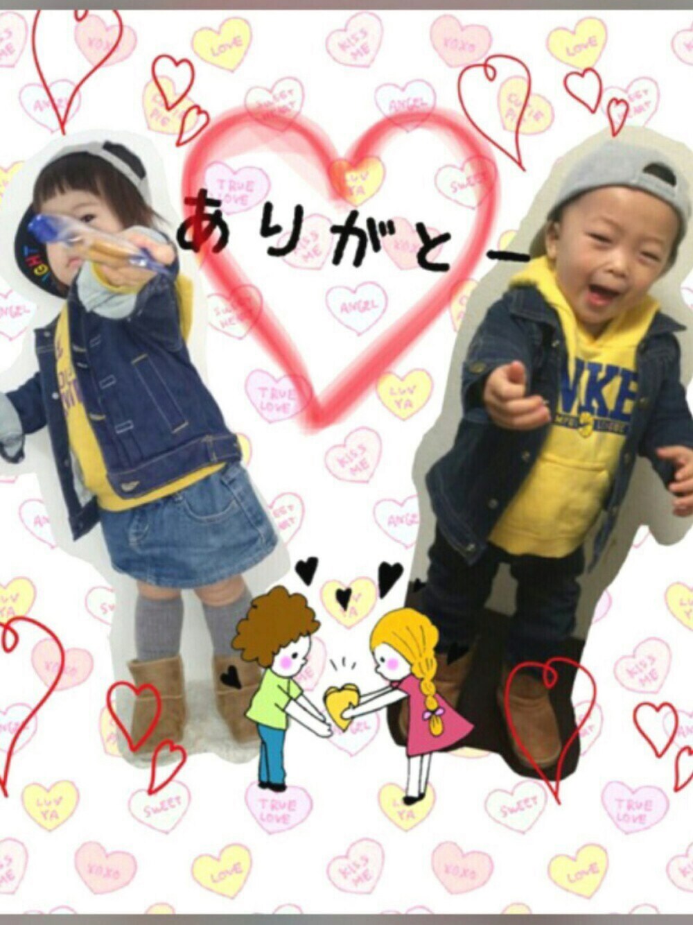 「バレンタイン、カップル、リンクコーデ、バレンタインデートスタイル、キャップ部、キャップ、子供カッコイイ、大人ヤンチャ部、kids、PEACEfes」｜「みっちゃん♡のアイテム（その他、ピンク系）」を使った、SAQOOさん（キッズ・70cm）の冬コーディネートの1枚目の写真