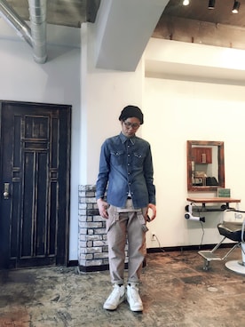 「ニットキャップ」｜「アイテム（サロペット/オーバーオール）」を使った、yooさん（メンズ・177cm）の春コーディネート