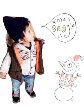 「アイテム（ダウンベスト、ブラウン系）」を使った、ohhhhhg!!!さん（キッズ・80cm）の冬コーディネート