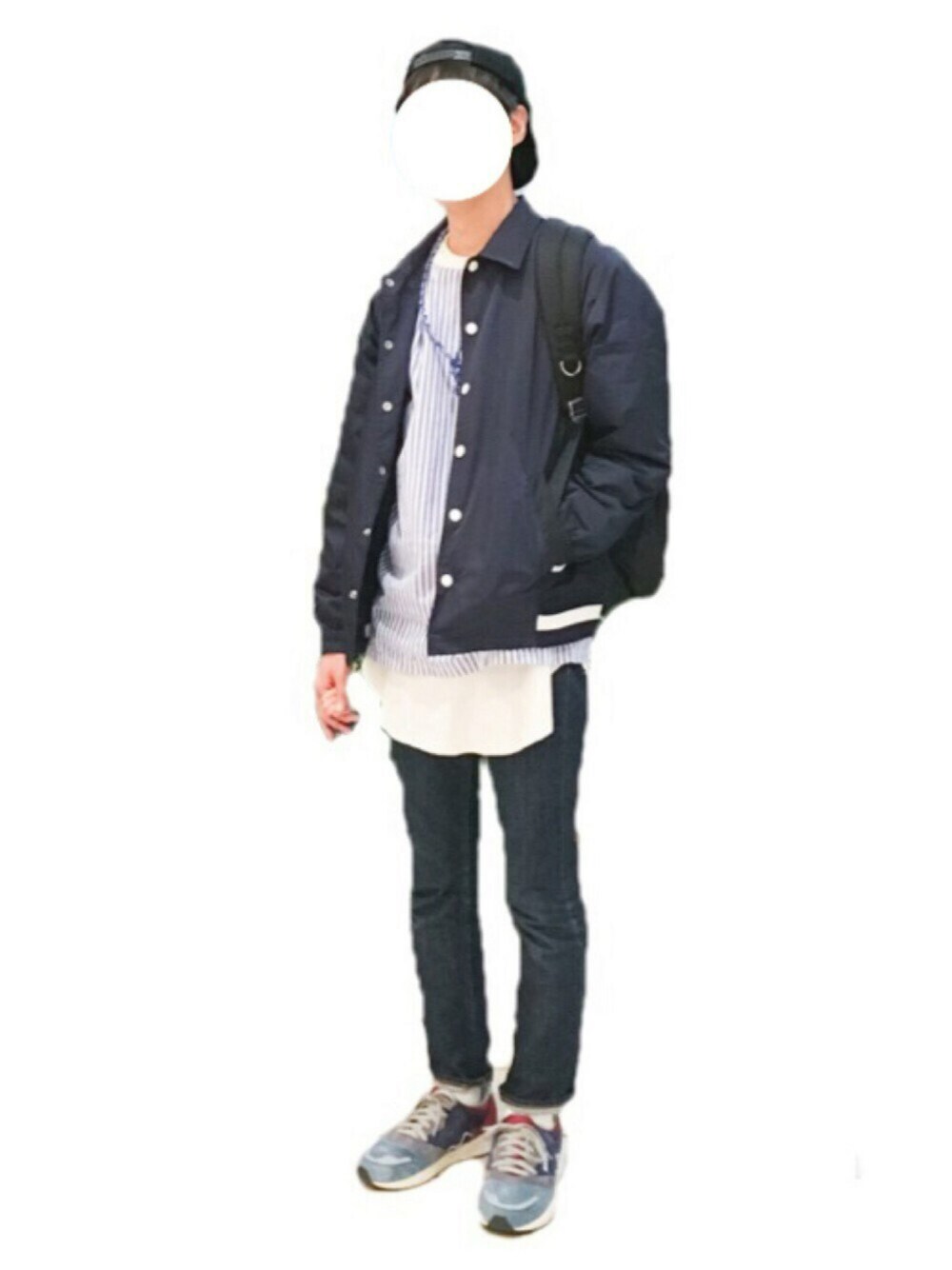 「秋コーデ、レイヤードスタイル、オーバーサイズ週間、スキニー、コーチジャケット、KARHU」｜「FACETASMのアイテム（ブルゾン、ブルー系）」を使った、ともつまさん（メンズ・179cm）の秋コーディネートの1枚目の写真