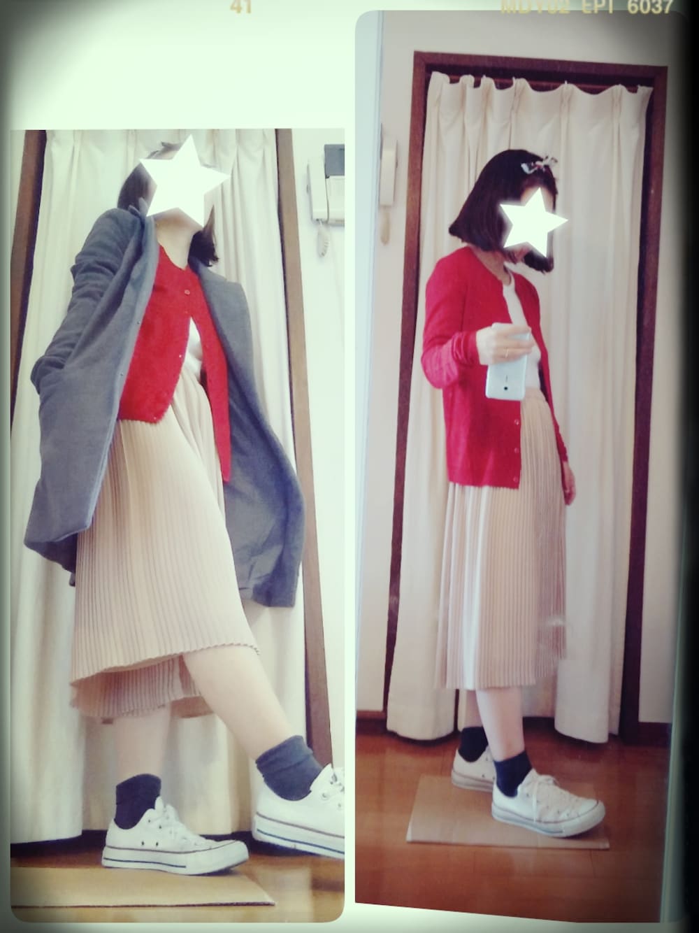 「赤ニット、プリーツガウチョパンツ、ヘアバンド、ママコーデ、チェスターコート、EMODA、murua、UNIQLO、スニーカーコーデ」｜「無印良品のアイテム（Tシャツ/カットソー、ホワイト系）」を使った、aki さん（レディース・147cm）の冬コーディネートの1枚目の写真