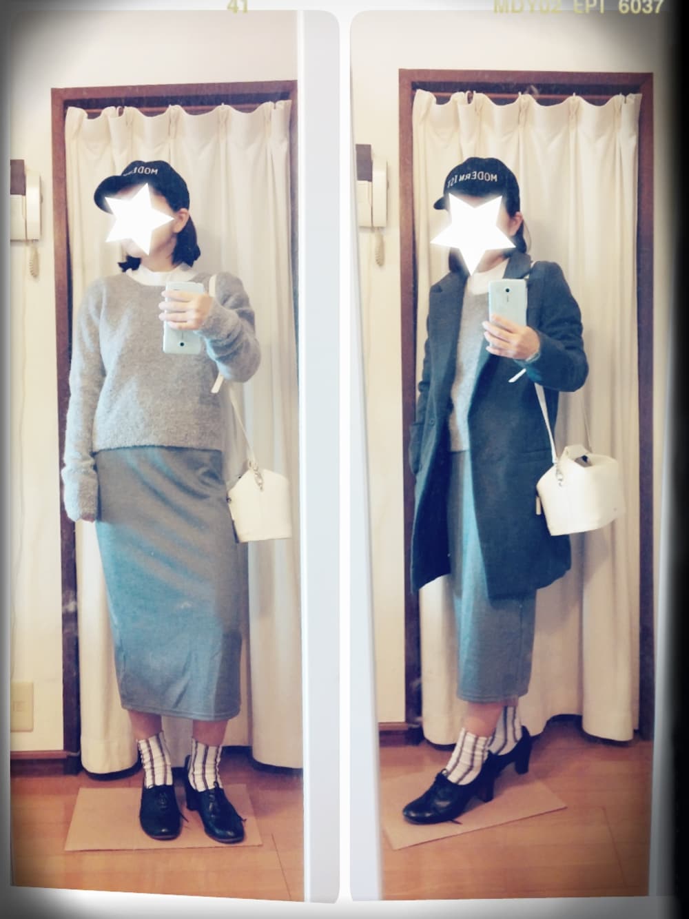 「ヒール×靴下、スウェットスカート、靴下屋、シャツ×ニット、ママコーデ、EMODA、Adem et rope`、グレーコーデ、チェスターコート」｜「EMODAのアイテム（シャツ/ブラウス、ホワイト系）」を使った、aki さん（レディース・147cm）の冬コーディネートの1枚目の写真