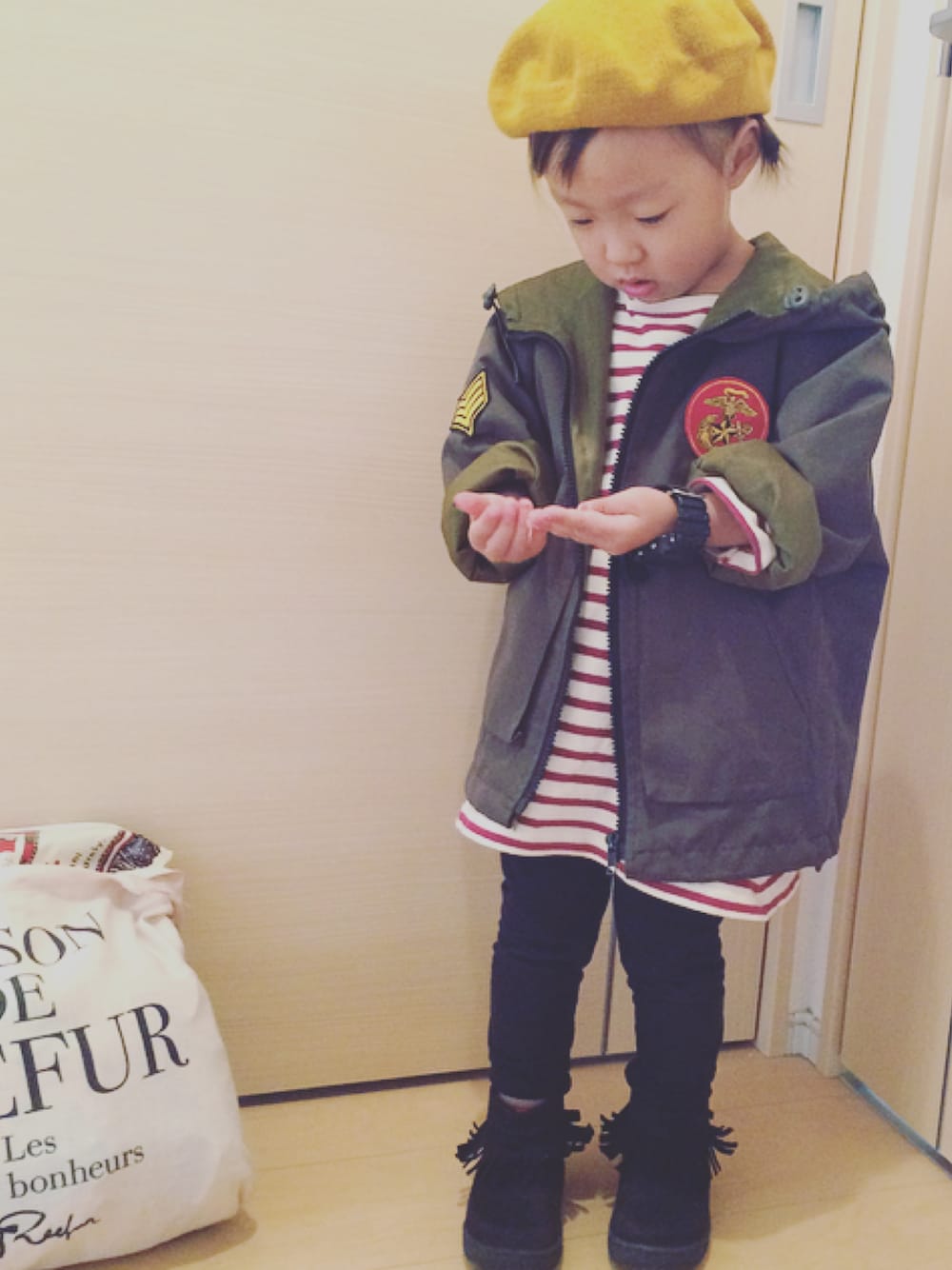 「kids、キッズ、キッズコーデ、西松屋、無印良品」｜「韓国子供服のアイテム（ナイロンジャケット、グリーン系）」を使った、mariko さん（キッズ・100cm）の秋コーディネートの1枚目の写真