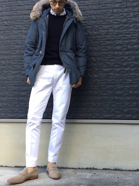 「OLIVER PEOPLES」｜「アイテム（スラックス）」を使った、ermildさん（メンズ・173cm）の冬コーディネート